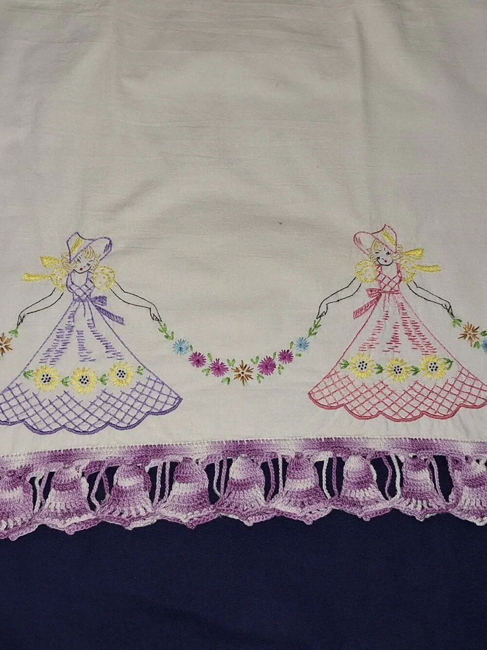 Vintage Embroidered Pillowcases 2 Ladies Big Skirts